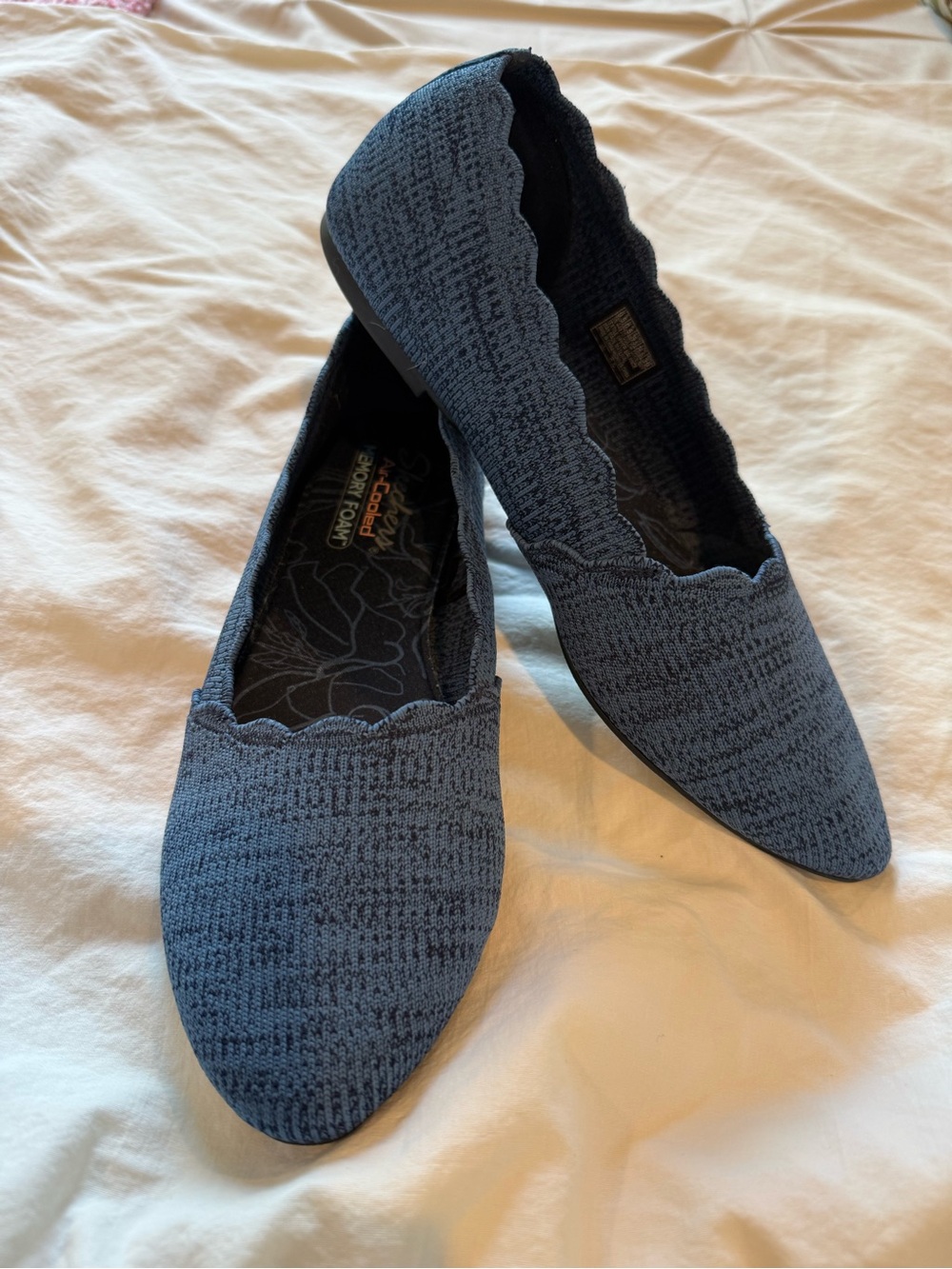 Skechers Cleo Newford Scalloped Knit Ballet Flats - Blue Memory Foam Stretch
